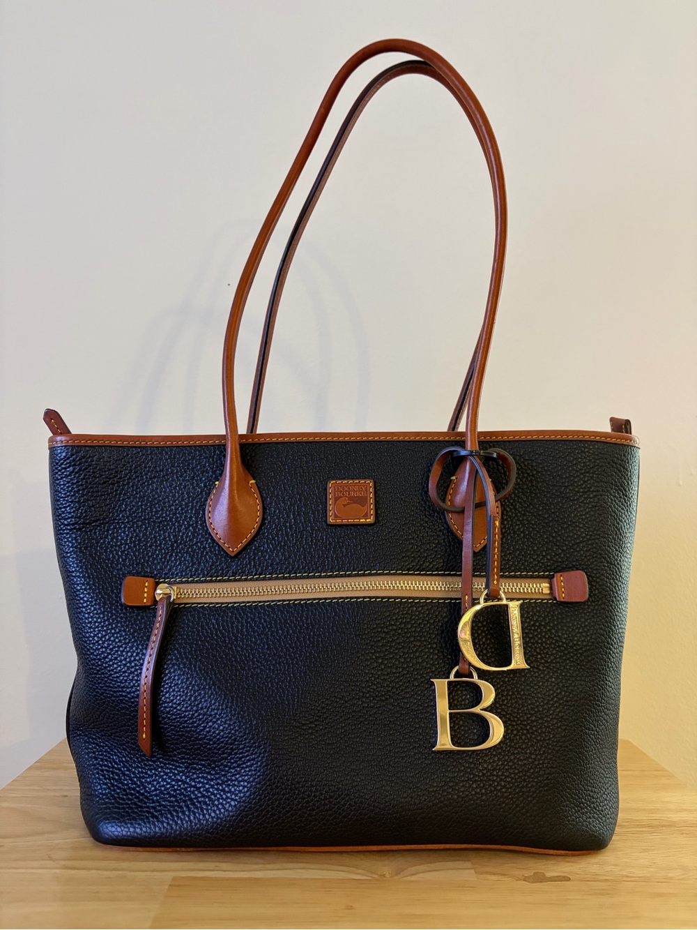 Dooney & Bourke Pebble Leather Tote Black with Brown trim
